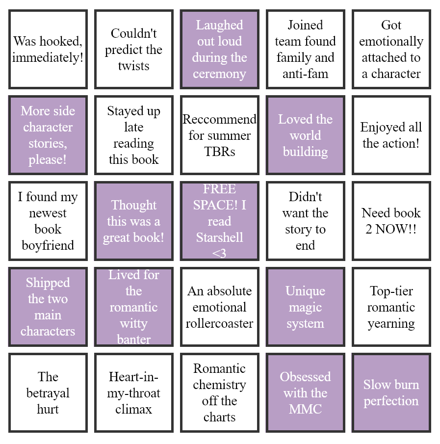 Starshell Romantasy Bingo Board